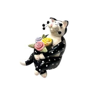 AS IS Whimsiclay by Amy Lacombe Cat Sculpture Figurine 2001 Black w Flowers